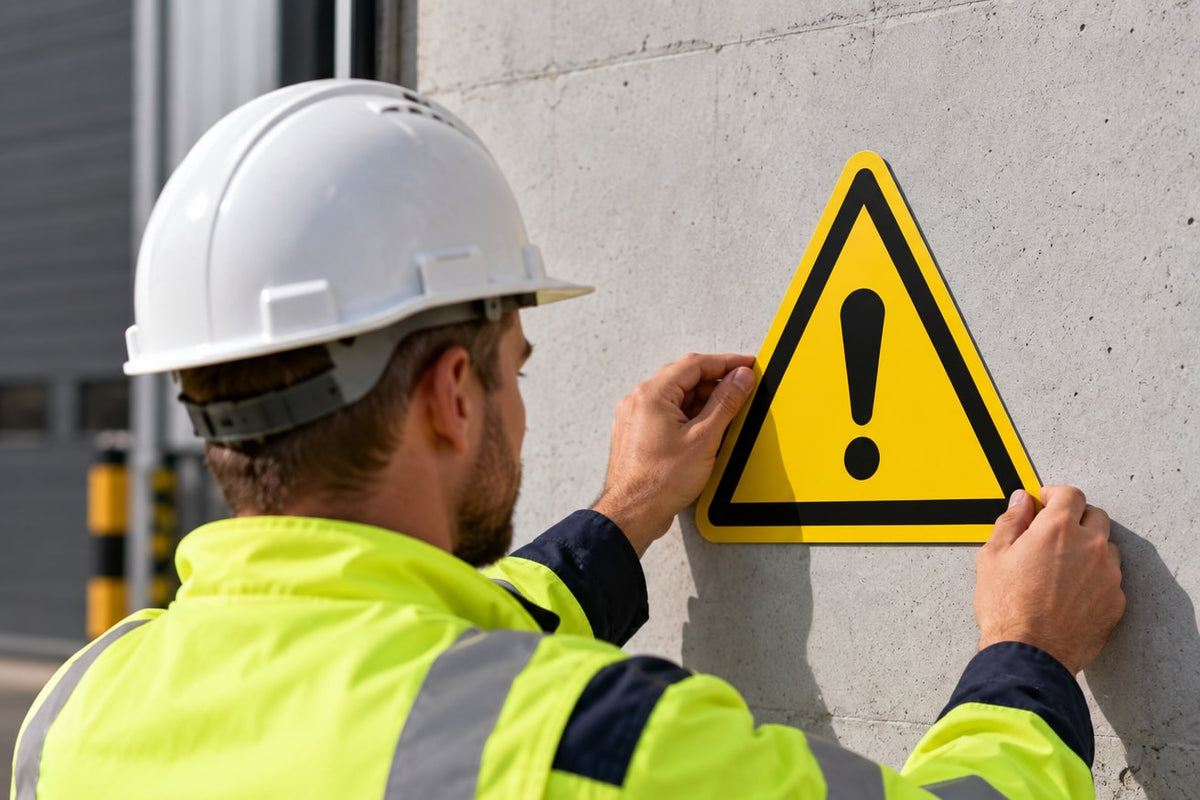 ISO 7010 W001 algemeen gevaar – werker in hi-vis jas bevestigt het gele waarschuwingsbord met uitroepteken op een betonnen buitenwand