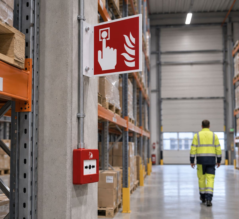 Haaks bord met het ISO 7010-pictogram F005 brandmelder, loodrecht op een betonnen kolom in een magazijngang, met daaronder een rode handbrandmelder; op de achtergrond loopt een medewerker in fluorgele werkkleding het pad uit.