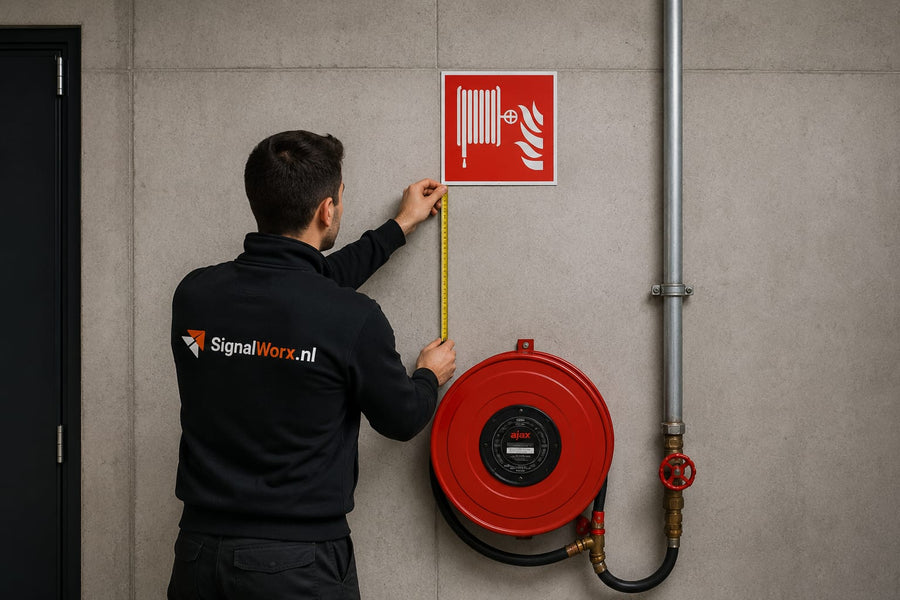 ISO 7010 F002 brandslanghaspel pictogram – rood bord aan een betonwand, direct boven de haspel; monteur meet de hoogte met een rolmaat