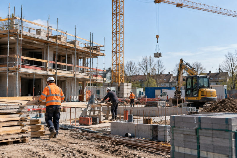 Bouwplaats met steigers langs een gebouw in aanbouw, een torenkraan en een graafmachine; bouwvakkers met veiligheidshelm en hi-vis jas lopen over het terrein