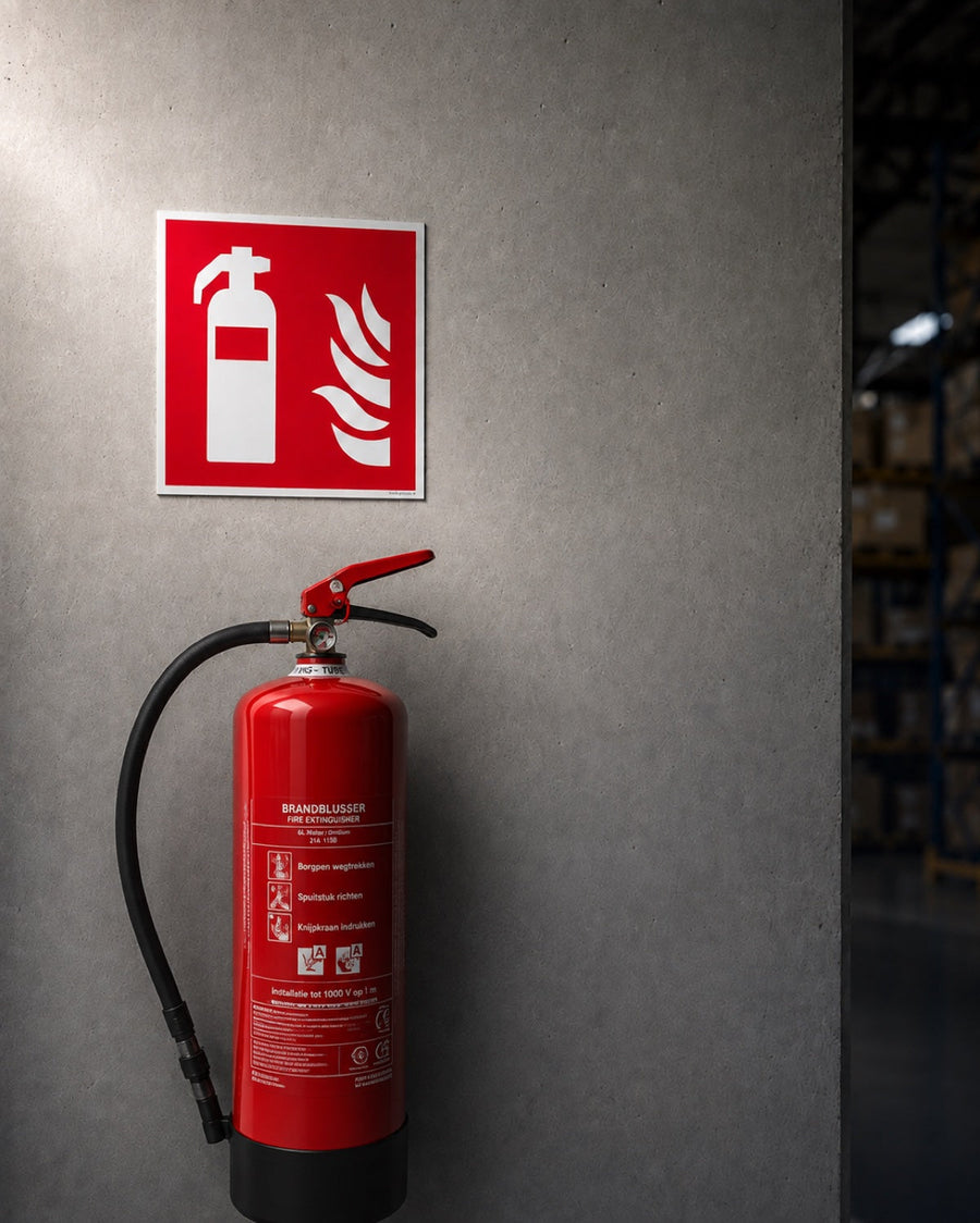 ISO 7010 F001 brandblusser pictogram – rood bord aan een betonwand in een magazijn, recht boven een rode brandblusser op grijphoogte