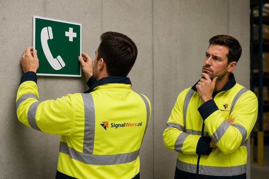 ISO 7010 E004 noodtelefoon pictogram – monteur hangt het groene bord op terwijl een collega twijfelt over het juiste pictogram
