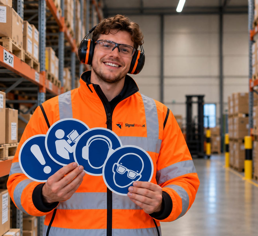 Medewerker in oranje SignalWorx-werkjas met gehoorkap en veiligheidsbril houdt vier blauwe gebodsborden vast in een magazijn: algemeen gebod, gebruiksaanwijzing raadplegen, gehoorbescherming verplicht en oogbescherming verplicht.