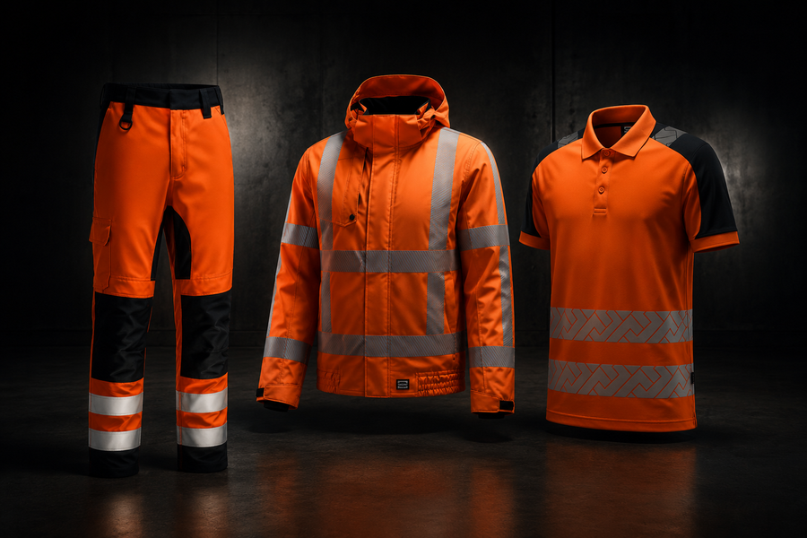 Hi-vis werkkleding in fluorescerend oranje: werkbroek, jas en poloshirt met reflecterende banden over romp, mouwen en broekspijpen.