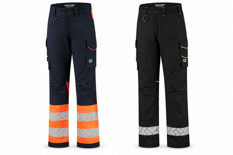 Twee Tricorp-werkbroeken naast elkaar: links een marineblauwe werkbroek met fluororanje onderbenen en twee reflecterende banden per pijp, rechts een zwarte werkbroek met alleen reflecterende banden onderaan de pijpen.