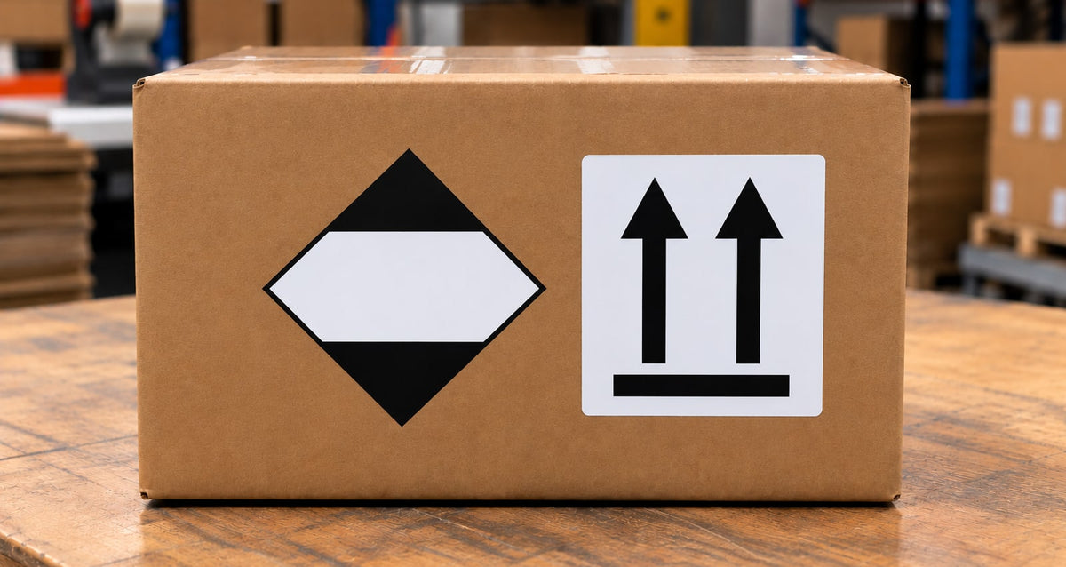Verzenddoos met het LQ-kenmerk voor gelimiteerde hoeveelheid en de oriëntatiepijlen ernaast, op een inpaktafel in het magazijn