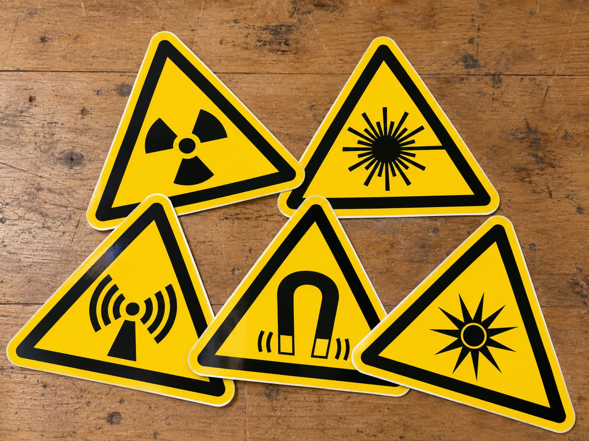 ISO 7010 W003, W004, W005, W006 en W027 – de vijf gele waarschuwingspictogrammen voor straling, als stickers op een houten werkblad
