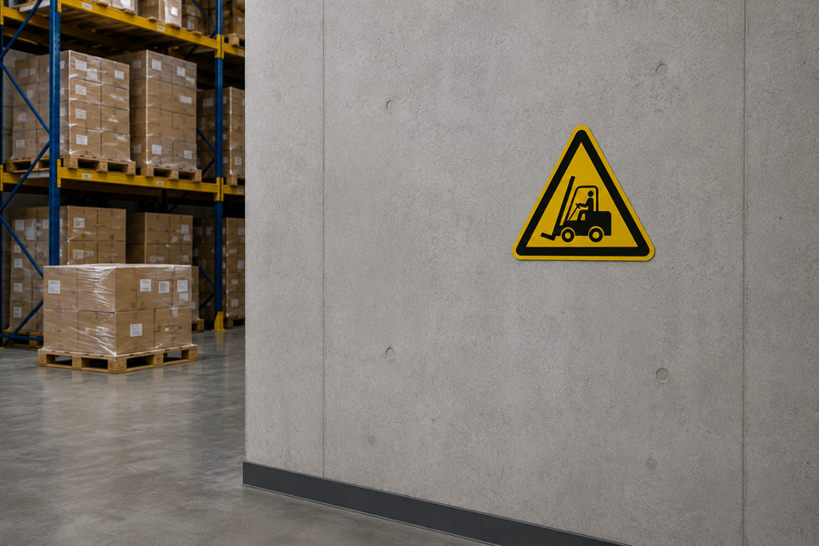 ISO 7010 W014 waarschuwingsbord voor transportvoertuigen op een betonwand in een magazijn, met stellingen en gestapelde pallets op de achtergrond