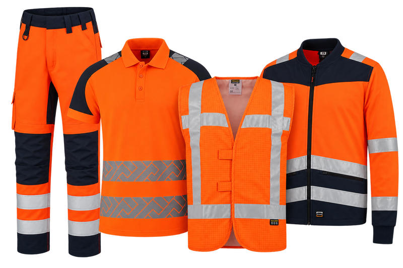 Vier fluor oranje Tricorp werkkledingstukken met reflecterende banden: werkbroek, poloshirt met lange mouw, veiligheidsvest en softshell werkjas