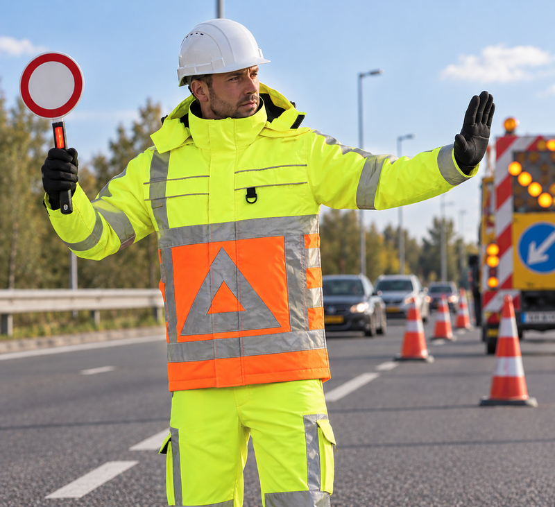 Verkeersregelaar in geel-oranje Tricorp Parka Verkeersregelaar 403001 met reflecterende strepen, staand op de weg