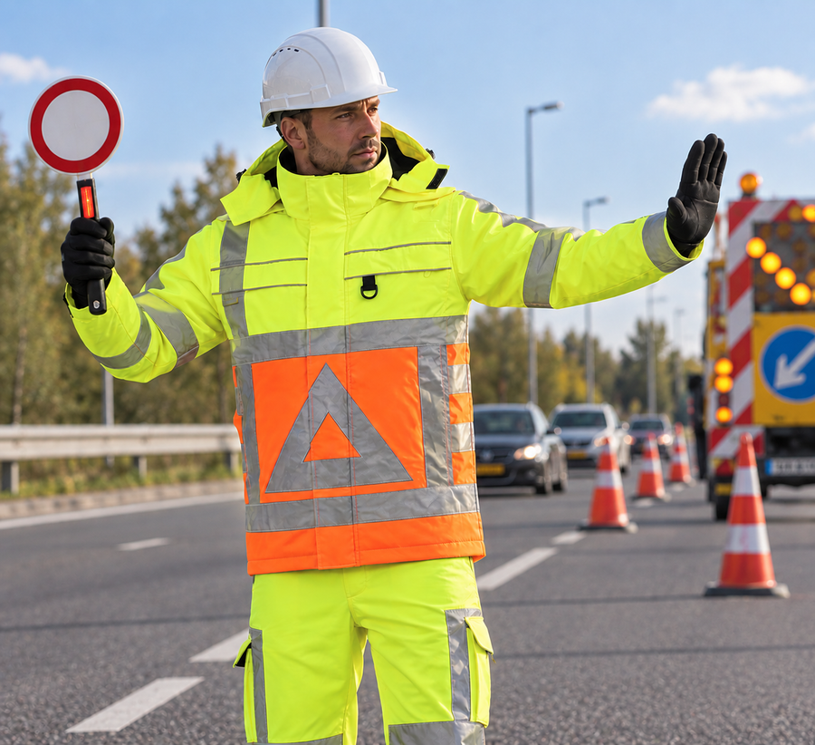 Verkeersregelaar in geel-oranje Tricorp Parka Verkeersregelaar 403001 met reflecterende strepen, staand op de weg
