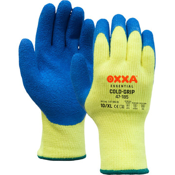 OXXA Cold-Grip 47-185 gevoerde werkhandschoen, fluo geel/blauw met latex crinkle-coating