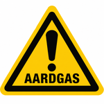Waarschuwingsbord aardgas — gele driehoek met uitroepteken en de tekst AARDGAS
