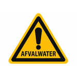 Waarschuwingsbord afvalwater — gele driehoek met uitroepteken en de tekst AFVALWATER