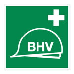 BHV-pictogram — groen bord met witte helm, de letters BHV en een wit kruis