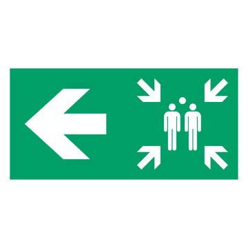 ISO 7010 E007 verzamelplaats met pijl naar links, groen-wit bord 400 × 200 mm