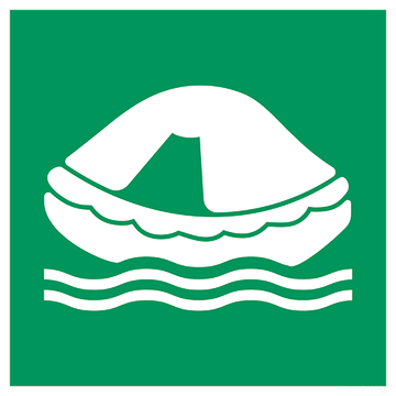 ISO 7010 E038 reddingsvlot — groen-wit vluchtweg- en veiligheidsbord