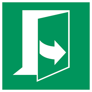 ISO 7010 E057 deur opent door links te trekken — groen-wit vluchtweg- en veiligheidsbord