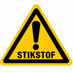 Waarschuwingsbord stikstof — gele driehoek met uitroepteken en de tekst STIKSTOF