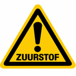 Waarschuwingsbord zuurstof — gele driehoek met uitroepteken en de tekst ZUURSTOF