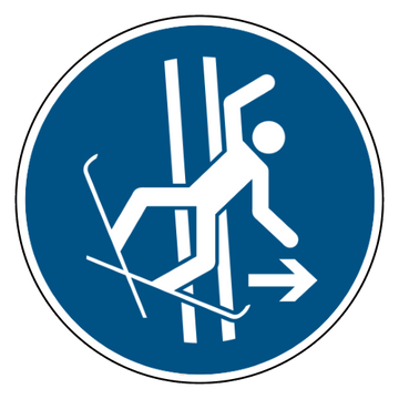 ISO 7010 M035 bij val direct de sleeplift verlaten — blauw-wit gebodsbord