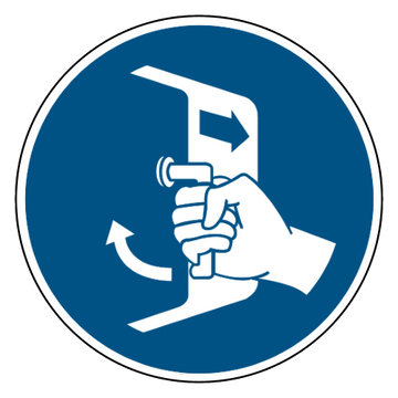 ISO 7010 M037 luiken sluiten en vastzetten — blauw-wit gebodsbord
