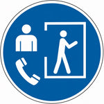 ISO 7010 M058 melden voor betreden — blauw-wit gebodsbord met persoon, telefoon en persoon die een ruimte binnengaat