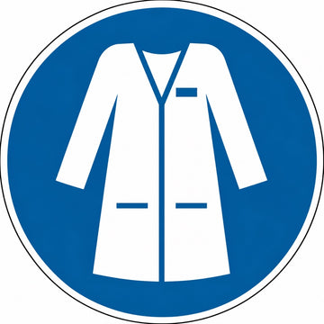 ISO 7010 M059 laboratoriumjas verplicht — blauw-wit gebodsbord met witte labjas