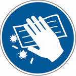 ISO 7010 M062 oppervlak desinfecteren — blauw-wit gebodsbord met hand die met een doek een oppervlak afveegt