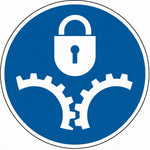 ISO 7010 M068 machine vergrendelen — blauw-wit gebodsbord met hangslot boven tandwielen
