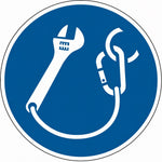 ISO 7010 M069 gereedschap borgen — blauw-wit gebodsbord met moersleutel aan een valbeveiligingslijn met karabiner