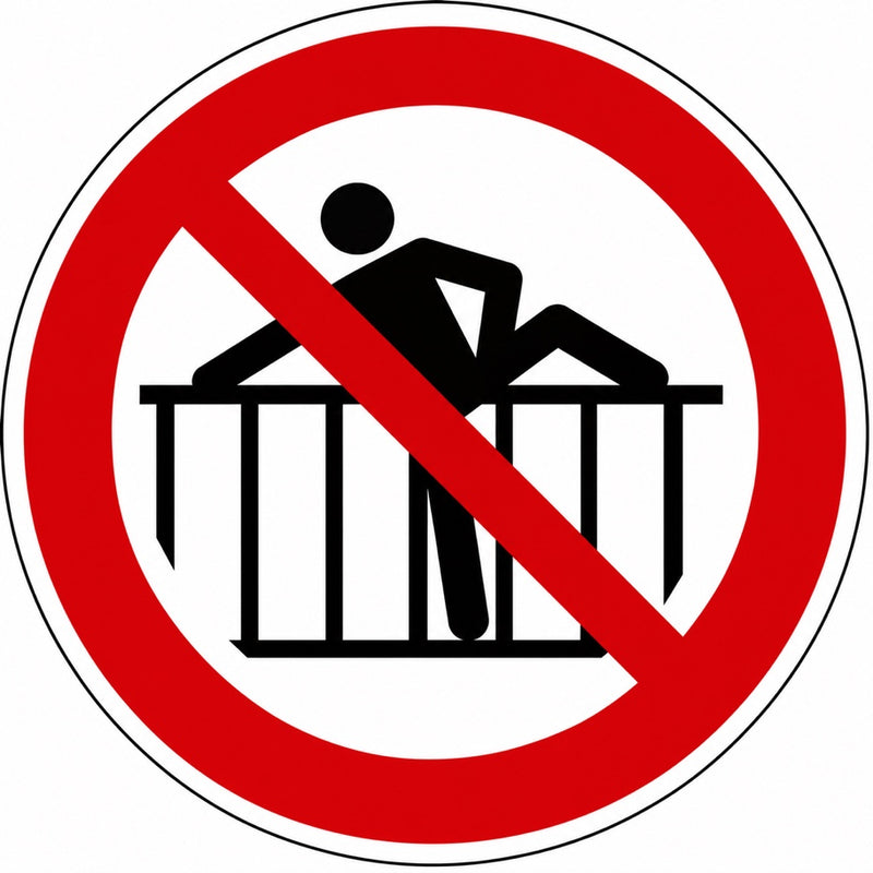 ISO 7010 P071 niet over de reling klimmen — rood-wit verbodsbord met persoon die over een reling klimt