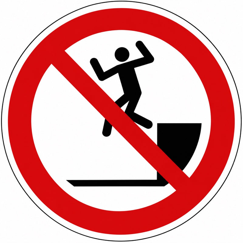 ISO 7010 P072 niet van de kade springen — rood-wit verbodsbord met persoon die van een kade springt