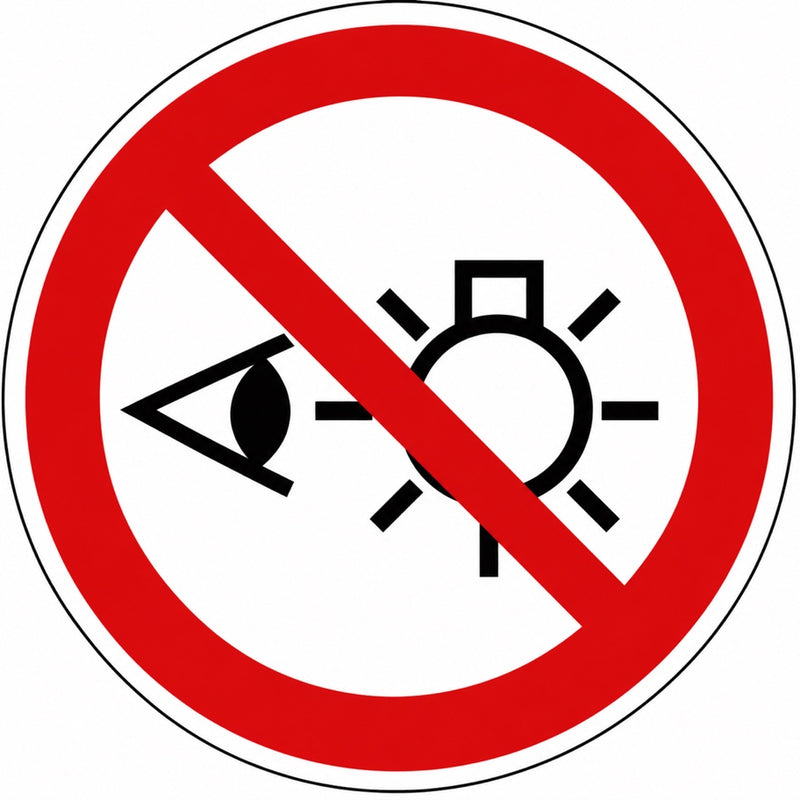 ISO 7010 P075 niet in de lichtbron kijken — rood-wit verbodsbord met oog en felle lamp