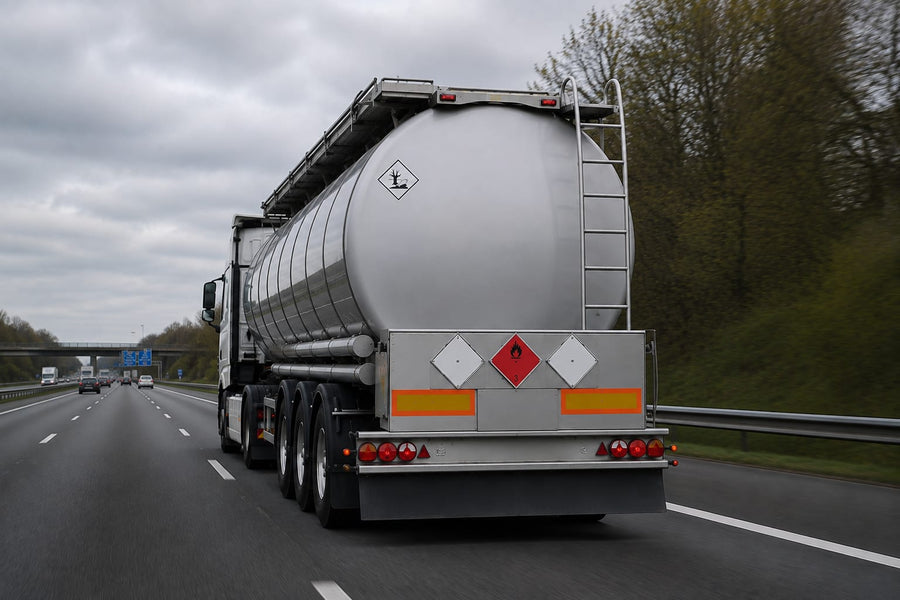 Tankwagen op de snelweg met ADR-markering: oranje gevaarsborden, het klasse 3-etiket voor brandbare vloeistof en het milieugevaarlijk-kenmerk.