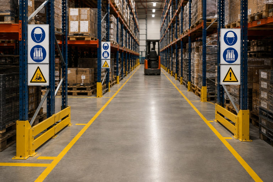Magazijnstellingen met gebodsborden voor helm- en hesjesplicht en waarschuwingsborden voor heftruckverkeer, met gele vloermarkering en aanrijdbeveiliging.