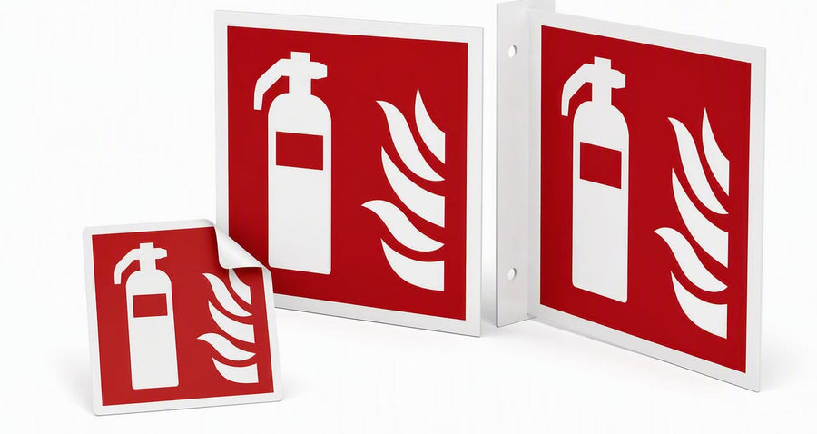 Brandblusser-pictogram als sticker, bord en haaks bord