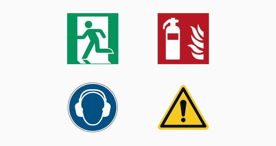 Vier ISO 7010-pictogrammen: redding, brand, gebod en waarschuwing