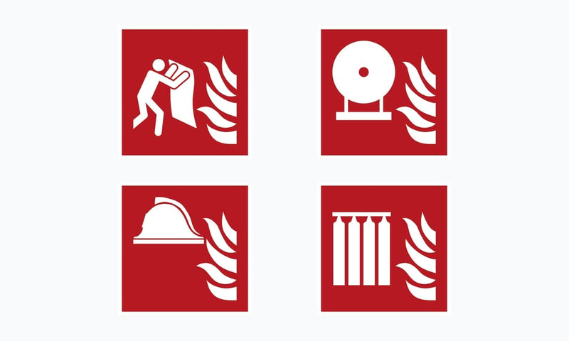 Vier brandveiligheidspictogrammen uit de F-serie