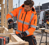 Oranje werkjas softshell RWS Tricorp 403003 fluor oranje, gedragen op de bouwplaats